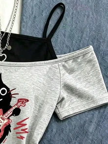 青少年女孩 1 件裝 卡通黑貓字母印花 2 合 1 露肩細肩帶短袖上衣 夏季休閒 - 彩色 - 查看 5
