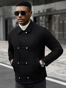 Manfinity CasualCool 男士成熟休閒純色羊毛黑色短夾克，假期禮物最佳選擇 - 黑色 - 查看 6