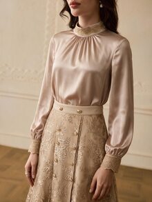 ZEYLAH Women's Solid Color Pleated Long Sleeve Top And Floral Embroidered Pattern Skirt Fashion 2 Pieces Set - Champagne - View 2