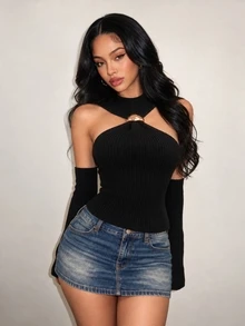 BamGleam Women's Sleeveless Black Ribbed Knit Sweater Top, Round Neck, Short Length, Cold Shoulder, Slim Fit, Casual Commute, Bold Avant-Garde, Vacation, Work, Party, Banquet, Evening, Gathering - Black - View 4