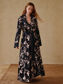 MOTF PREMIUM WOMEN'S FLORAL PRINT WAIST TIE CASUAL DAILY HOME SLEEPWEAR ROBE - Black - View 4