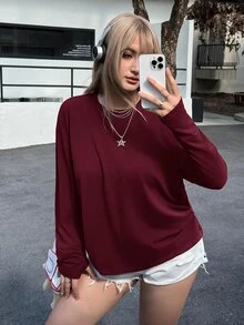SHEIN EZwear 大尺碼女款純色圓領寬鬆長袖休閒T恤，春夏秋季 - 酒紅色 - 查看 3