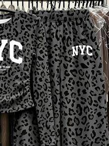 Tween Girls 1 Set Fall NYC Leopard Print Ruched Waist Long Sleeve T-Shirt & Wide Leg Pants Set, Casual Autumn Outfit - Multicolor - View 5