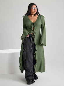 SHEIN ICON ICON 大尺碼女款 V 領前綁帶喇叭袖針織上衣 秋季 - 軍綠色 - 查看 1