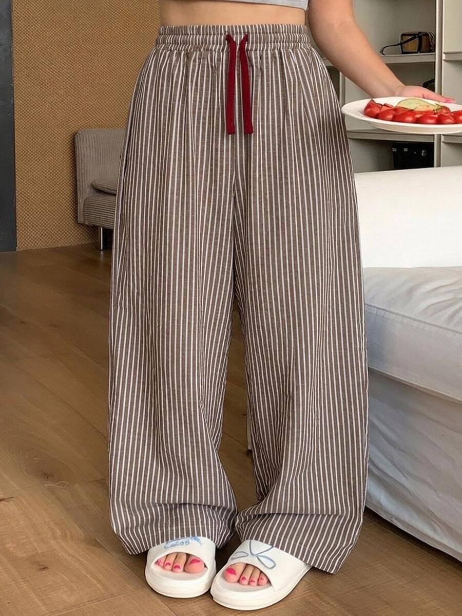 Dazy Plus Plus Size Loose Elastic Waist Striped Drawstring Pajama Cozy Pants, All Season, Fall & Winter - Khaki - View 1