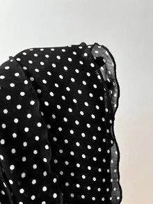 SHEIN EZwear 女款春夏秋棕色與藍色波點印花雪紡掛脖綁帶露背荷葉邊層次上衣，優雅通勤辦公室復古休閒購物約會日常穿搭百搭 - 黑色 - 查看 6