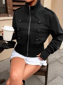 Siren Gaze Women's Fashion Double-Breasted Zipper Long Sleeve Sweatshirt - Black - View 12