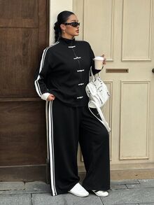 Muchica 大尺碼女款拼色長袖上衣與長褲休閒日常兩件套 - 黑與白 - 查看 4
