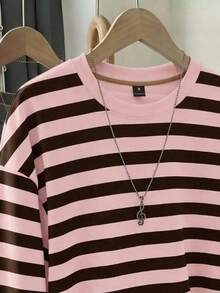 SHEIN EZwear 休閒簡約粉色條紋圓領長袖寬鬆版型T恤，適合春秋穿著 - 彩色 - 查看 3