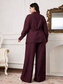 Modelyn 大尺碼女款純色百褶長袖上衣與長褲休閒日常兩件套 - 酒紅色 - 查看 2