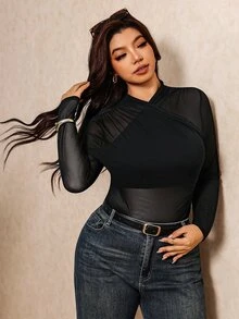 Elaquor Plus Size Solid Color Sexy Sheer Daily Wear Bodysuit - Black - View 4