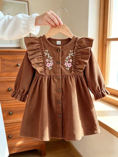 SHEIN Vintaside Kids فستان كاجوال مطرز للبنات الصغيرات، بأسلوب موري أنيق، للربيع/الخريف، 1 قطعة