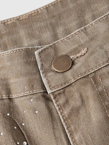 ROMWE Street Life Vintage Washed Street Patchwork Embroidery Distressed Rhinestone Light Jeans - Brown - View 4
