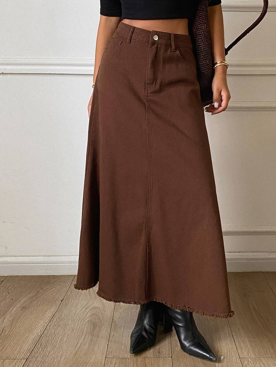 DAZY Women's Fashion Button Pocket Denim Skirt - Brown - View 1