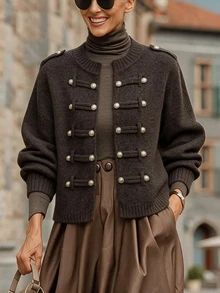 SHEIN ダークブラウン ミリタリースタイル ニットカーディガン、ダブルブレスト 長袖ジャケット | SHEIN JAPAN
