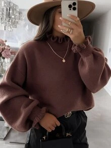 Breezaya Autumn/Winter Stand Collar Ruffle Fashion Sweater - Mocha Brown - View 7