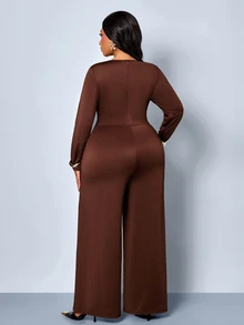 SOLERSUN Plus Size Solid Color Draped Long Sleeve Jumpsuit, Round Neck, Minimalist Cut, Waist Side Metal Buckle With Flap, Evening Party, Elegant Mature Style, One-Piece - Coffee Brown - View 5