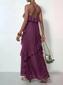 Zivah Women's Solid Color Multi-Layer Ruffle Fashion Vacation Spaghetti Strap Dress - Purple - View 8