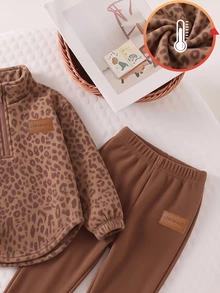 Young Girls Pink Leopard Print Half-Zip Stand Collar Sweatshirt Set With Curved Hem And Elastic Cuffs, Sweet Casual Style - Multicolor - View 5