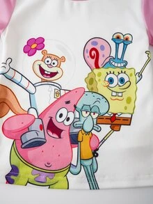 SpongeBob SquarePants | SHEIN Baby Girl Cartoon Print Short Sleeve Top And Long Pants Casual Daily Home Sleepwear Set - White - View 4