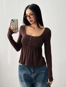 SHEIN EZwear 女款軍綠色前排扣長袖休閒襯衫，適合秋冬 - 咖啡棕 - 查看 6