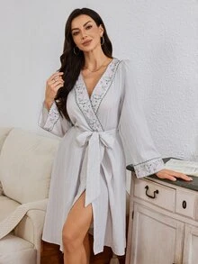 Serenescape Vacation Style Embroidered Lace Trim Jacquard Long Sleeve Tie Front Women's Robe - Beige - View 1