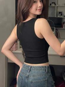 DAZY 女款素色鏤空修身百搭日常穿著上衣 Y2K - 黑色 - 查看 9