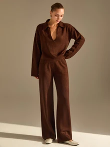 CLARA VERO Shirt Collar Knit Palazzo Set, Oversize Fit, Daily Or Home, Polo Neck, Pocket Pant, Wide Leg - Brown - View 2