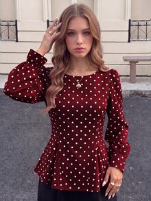 SHEIN 青少年女孩波點百褶休閒百搭日常穿著襯衫 - 酒紅色 - 查看 3