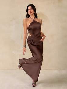 SHEIN Tall Brown Contrast Lace Halter Top And Long Skirt Set, 2 Pieces Vacation Casual Outfit - Coffee Brown - View 1