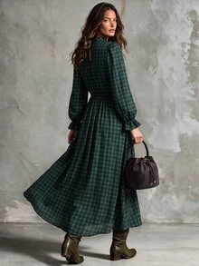 Solivie Women's Autumn Green Plaid Dress Long Sleeve - Green - View 3