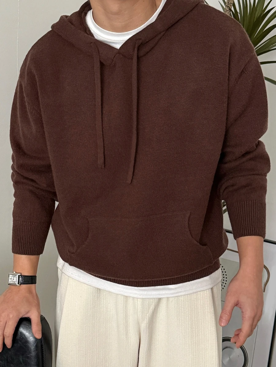 DAZY Brown Knitted Hooded Sweatshirt For Men, Autumn/Winter Hoodies - Brown - View 1