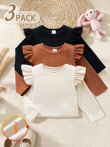 SHEIN Vintaside Kids 3pcs/Set Baby Girls Casual Solid Color Knit Long Sleeve Tops With Ruffle Shoulder, Infant Ribbed Crew Neck Pullover Tees - Multicolor - View 4