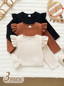 SHEIN Vintaside Kids 3pcs/Set Baby Girls Casual Solid Color Knit Long Sleeve Tops With Ruffle Shoulder, Infant Ribbed Crew Neck Pullover Tees - Multicolor - View 3
