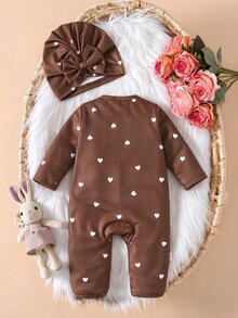 SHEIN Baby Girl 2pcs Ribbed Heart Print Footed Romper With Ruffle & Bow Hat Set, Soft Knit Autumn Daily Wear - Brown - View 2
