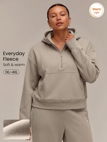 GLOWMODE Plus Size Everyday Fleece Keep It Cozy Oversized Half-Zip Hoodie With Thumbholes & Side Pockets Daily Casual Fall Winter Wear - Khaki - View 1