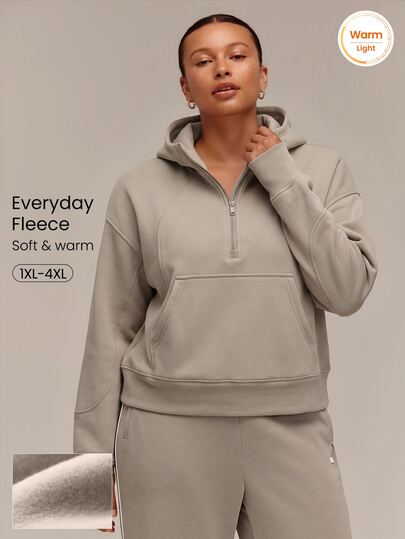 GLOWMODE Hanorac oversized din fleece pentru zi de zi, mărimi mari, cu fermoar pe jumătate, glugă, orificii pentru degete și buzunare laterale, casual, pentru toamnă și iarnă