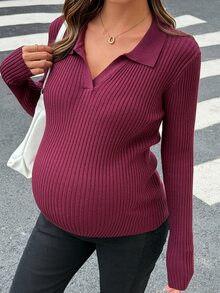 DAZY Solid Color Fitted Elastic Ribbed Long Sleeve Casual Daily Korean Style Spring Autumn Knit Sweater For Pregnant Women - Burgundy - View 6