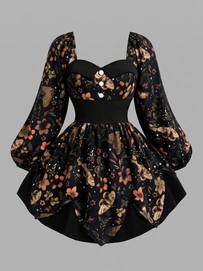 Sweetra Plus Size Women's Vintage Casual Gothic Print Dress - Y2K Style Double Layer Asymmetrical Hem Design With Bow Decor, Suitable For Autumn Dress, Punk Dark Style (Spring/Autumn Dress)