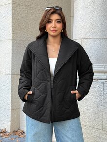 Easura Plus Size Women Solid Color Long Sleeve Waist Tie Casual Winter Jacket - Black - View 3