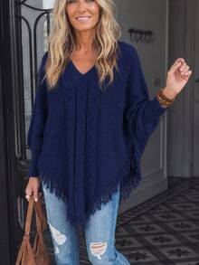 LanaWest Women's Vintage Distressed Hollow Out Tassel Cape Sweater ...