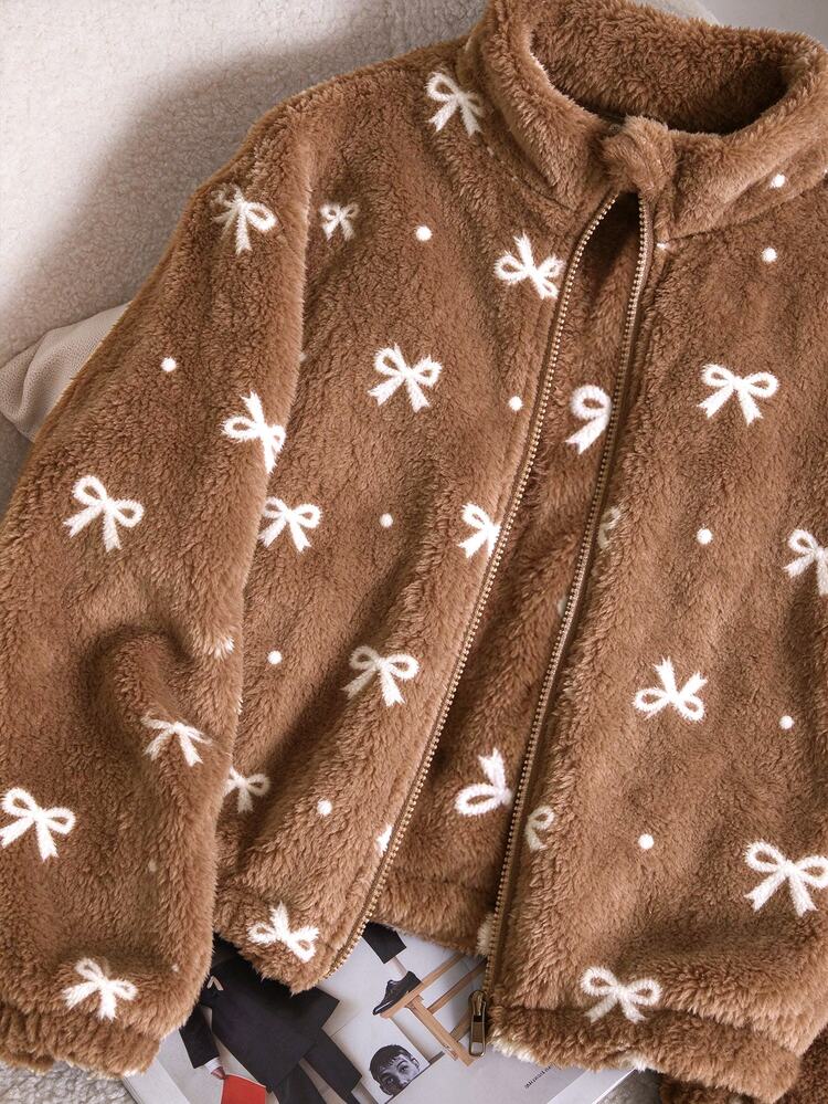 SHEIN Tween Girls Jacket, Brown Polka Dot, Casual Modest Cute, Warm Fall/, Zipper, Thermal, Solid Color, Printed, Thermal Lined Thickened School Club - Multicolor - View 4
