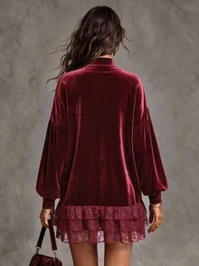 Solivie Women's Autumn Sweatshirt Top Red Velvet Sweatshirt With Contrast Lace - Burgundy - View 2