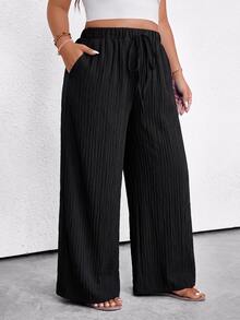 Breezaya Plus Size Women Solid Color Waist Tie Pockets Wide Leg Pants Fall Cloth For Women - Black - View 1