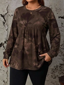 SHEIN LUNE Vintage Tie-Dye Floral Minimalist Casual Plus Size Loose Long Sleeve Shirt, Suitable For Spring And Autumn Fall - Multicolor - View 4