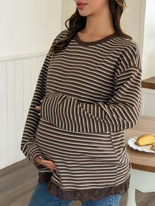 DAZY Patchwork Hem Lace Loose Long Sleeve Pullover Casual Daily Korean Style Spring Autumn Maternity T-Shirt - Brown - View 3