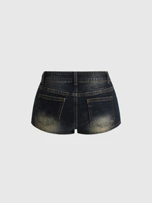 ROMWE Vintage Embroidered Floral Beaded Washed Cat Whisker Distressed Women's Denim Shorts - Blue - View 2