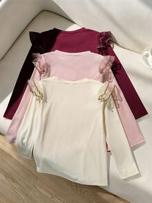 SHEIN 3pcs/Set Girls' Autumn/Winter Ruffle Flutter Sleeve Knitted Embroidered Heart Long Sleeve T-Shirt Back To School Black Baby Pink White Fairy - Multicolor - View 2