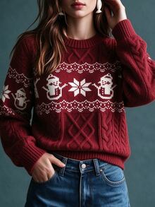 SHEIN LUNE Women's Autumn/Winter Christmas Snowman Pattern Drop Shoulder Long Sleeve Casual Sweater - Red - View 4