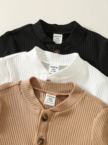 SHEIN 3件裝嬰兒男童女童純色針織柔軟圓領長袖連身衣 - 彩色 - 查看 4